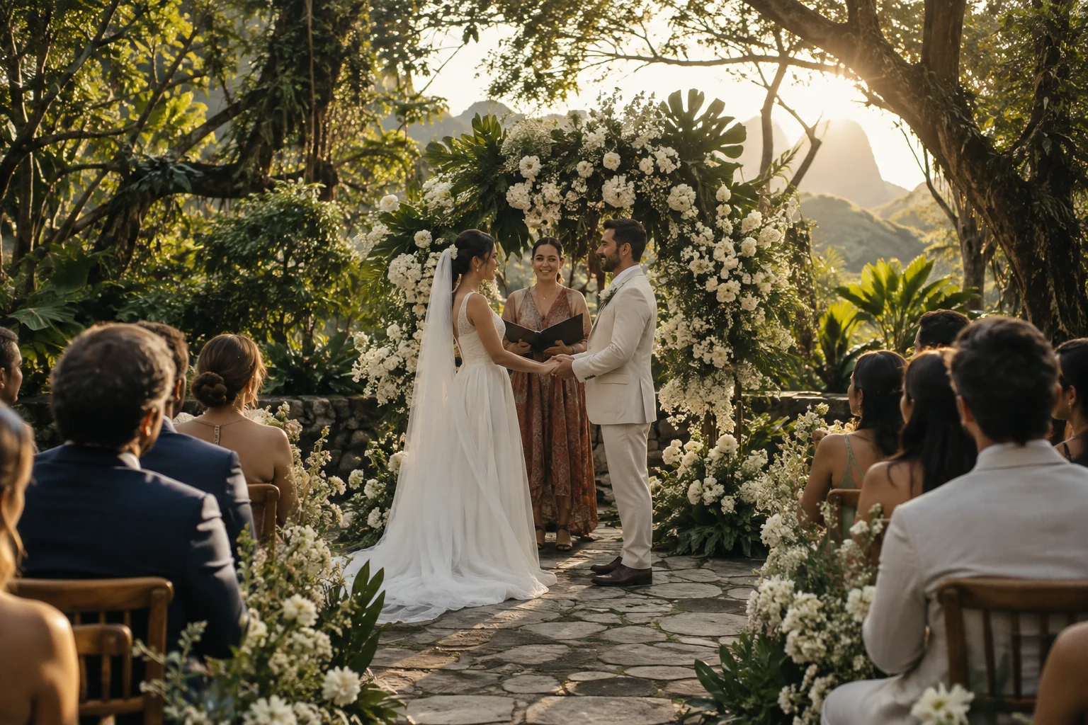 Representação de um celebrante conduzindo uma cerimônia de casamento ao ar livre