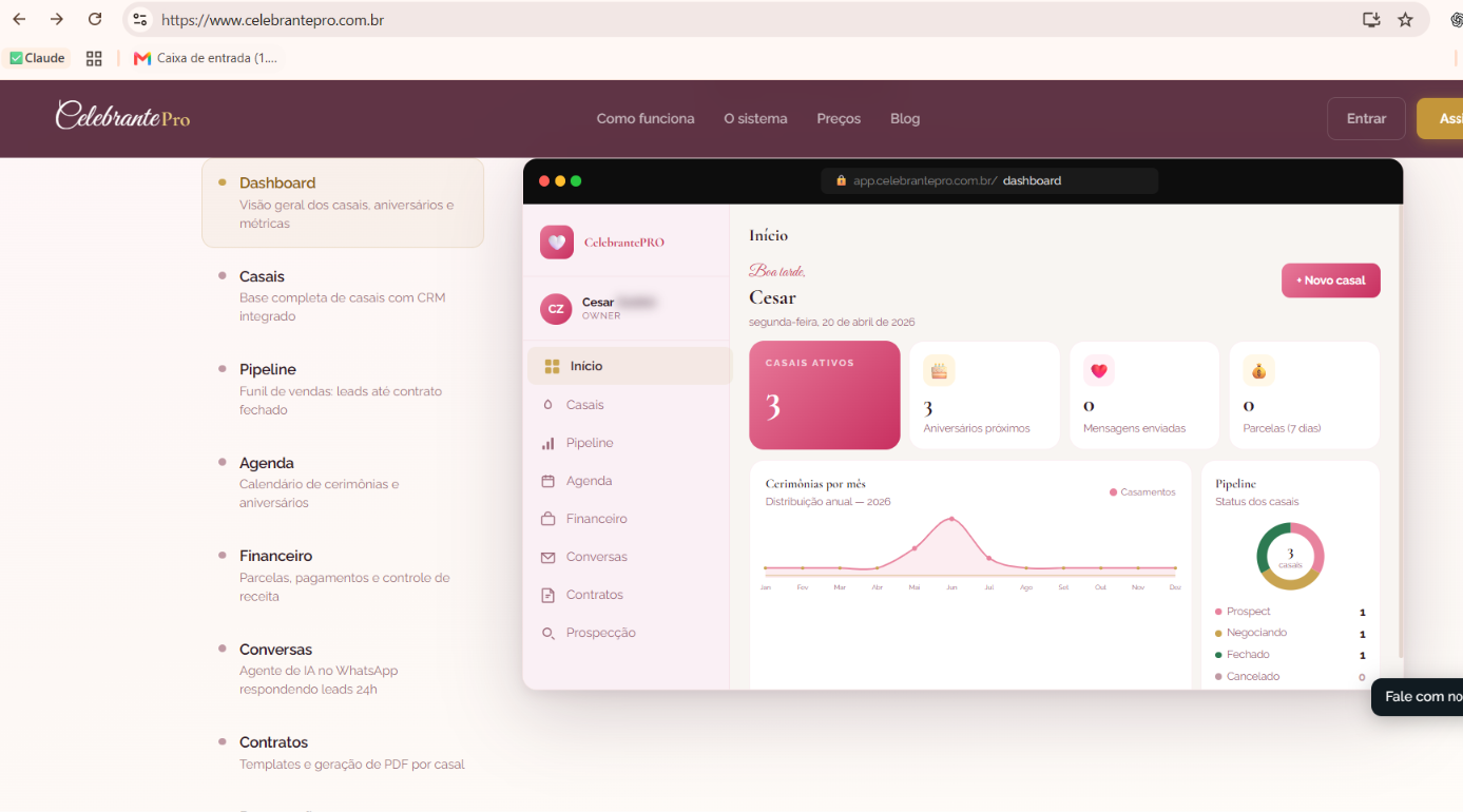 Dashboard real do CelebrantePro com visão de casais, aniversários, parcelas, gráfico de cerimônias e pipeline